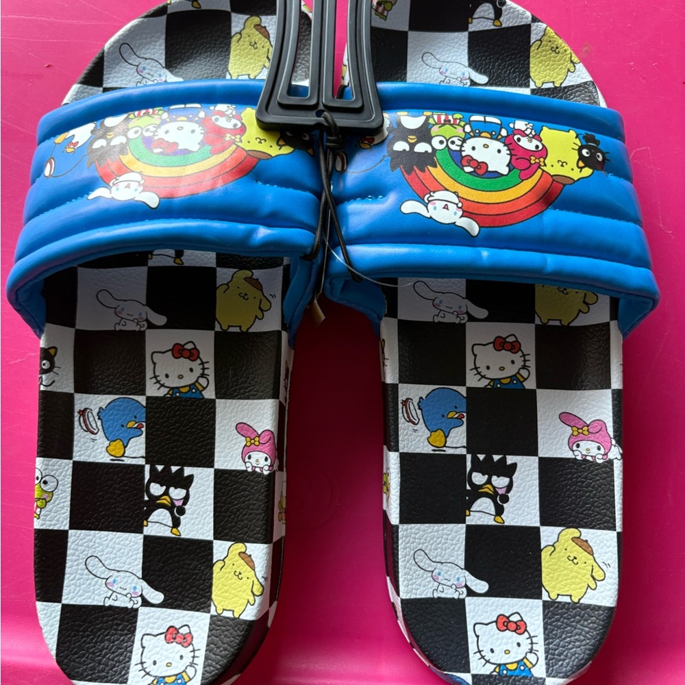 Hello Kitty Mens Slide Sandals - Blue and Black Checkered